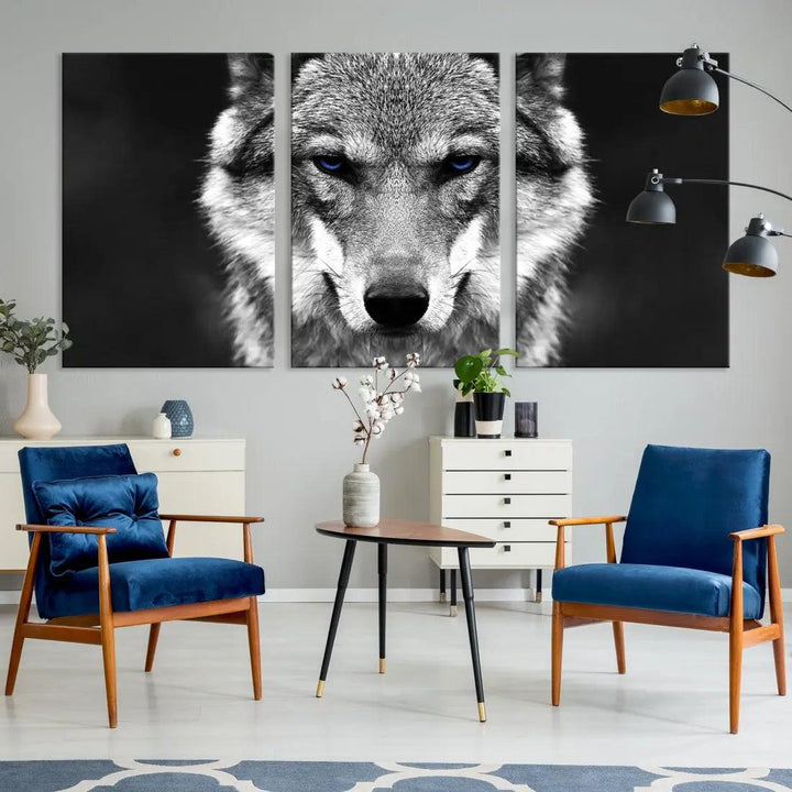 Black and White Wild Wolf Wall Art Animal Print on Original Cotton Canvas