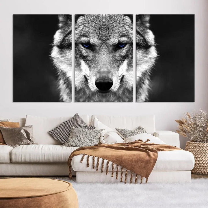 Black and White Wild Wolf Wall Art Animal Print on Original Cotton Canvas