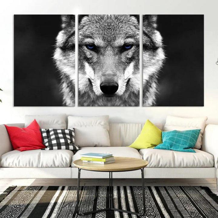 Black and White Wild Wolf Wall Art Animal Print on Original Cotton Canvas