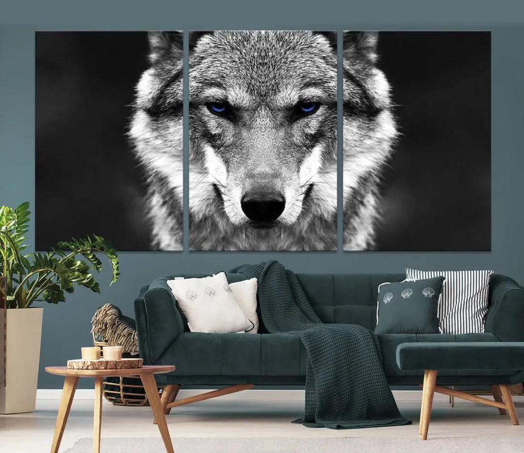 Black and White Wild Wolf Wall Art Animal Print on Original Cotton Canvas