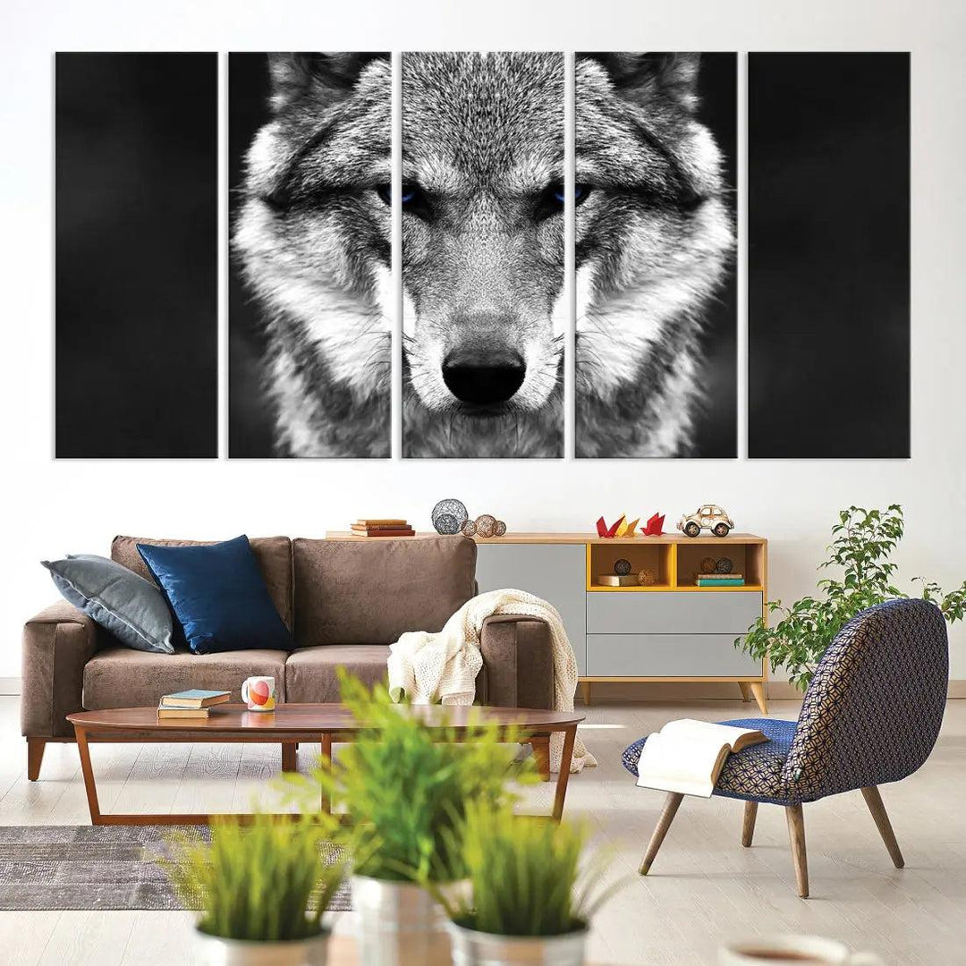 Black and White Wild Wolf Wall Art Animal Print on Original Cotton Canvas