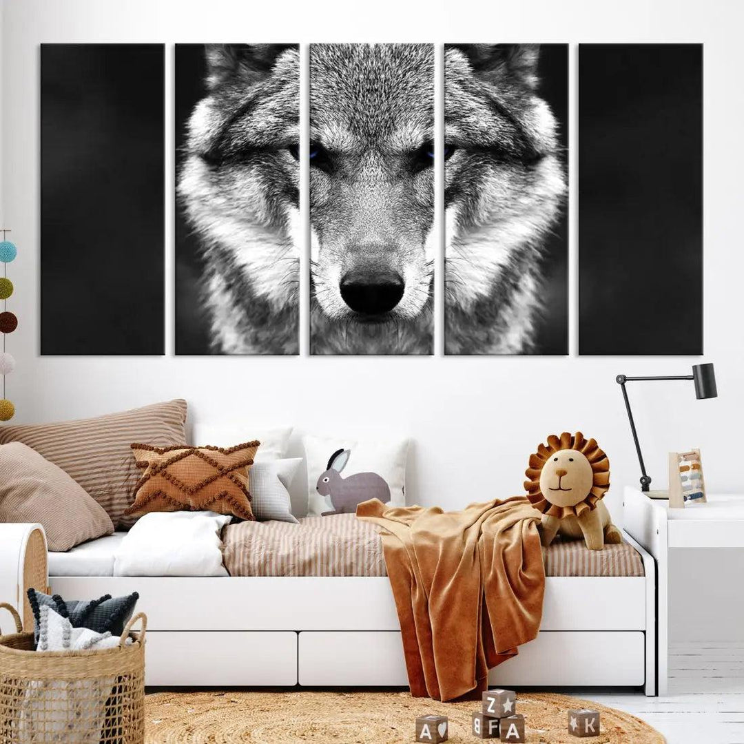 Black and White Wild Wolf Wall Art Animal Print on Original Cotton Canvas