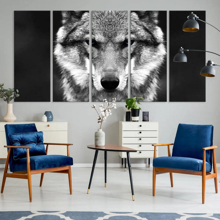 Black and White Wild Wolf Wall Art Animal Print on Original Cotton Canvas