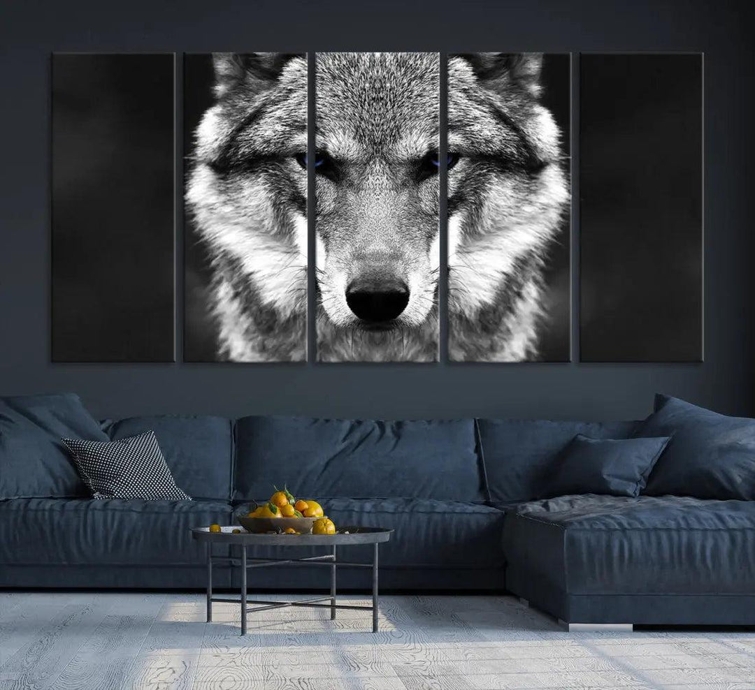 Black and White Wild Wolf Wall Art Animal Print on Original Cotton Canvas