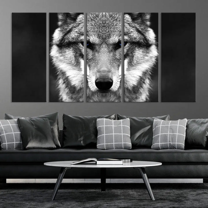 Black and White Wild Wolf Wall Art Animal Print on Original Cotton Canvas