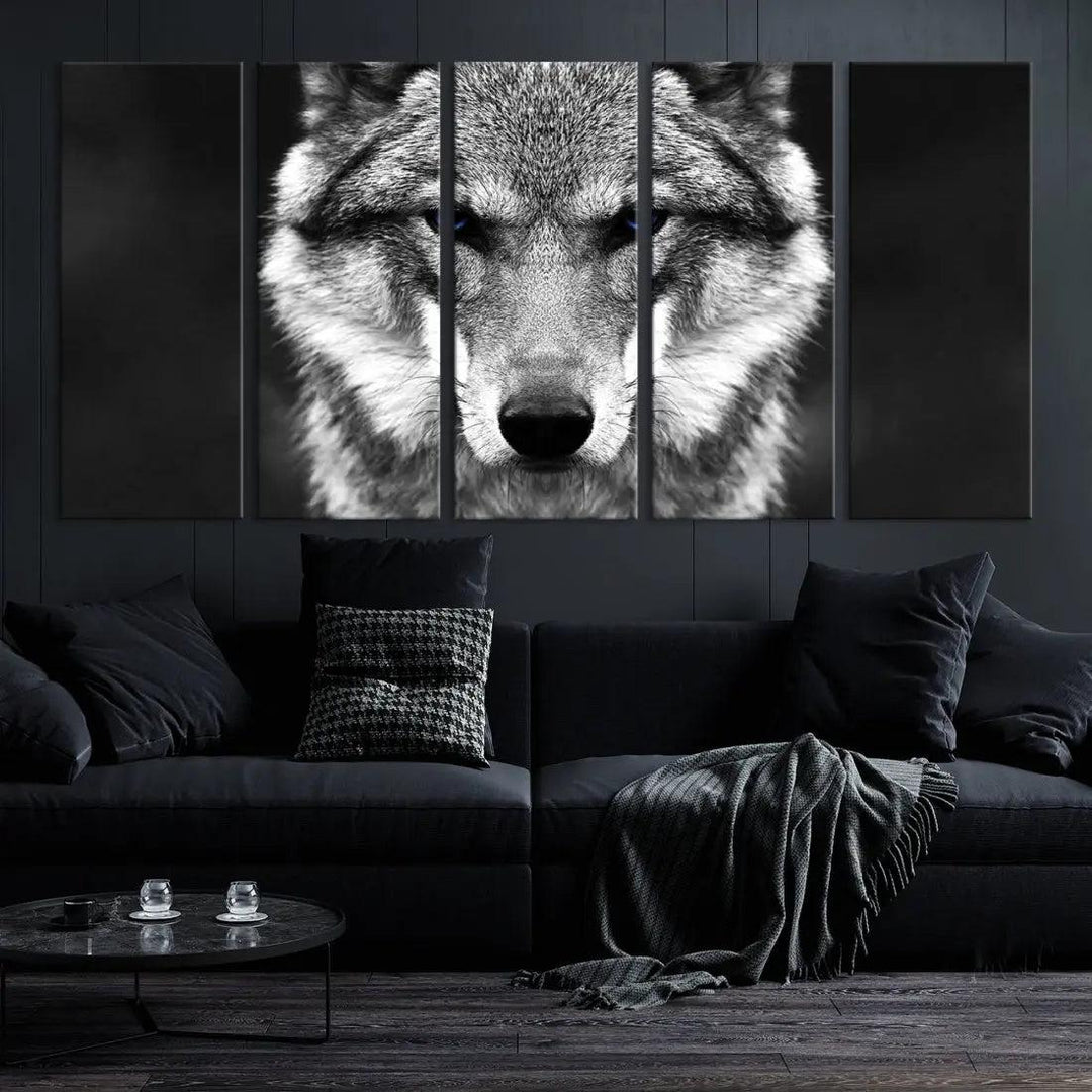 Black and White Wild Wolf Wall Art Animal Print on Original Cotton Canvas