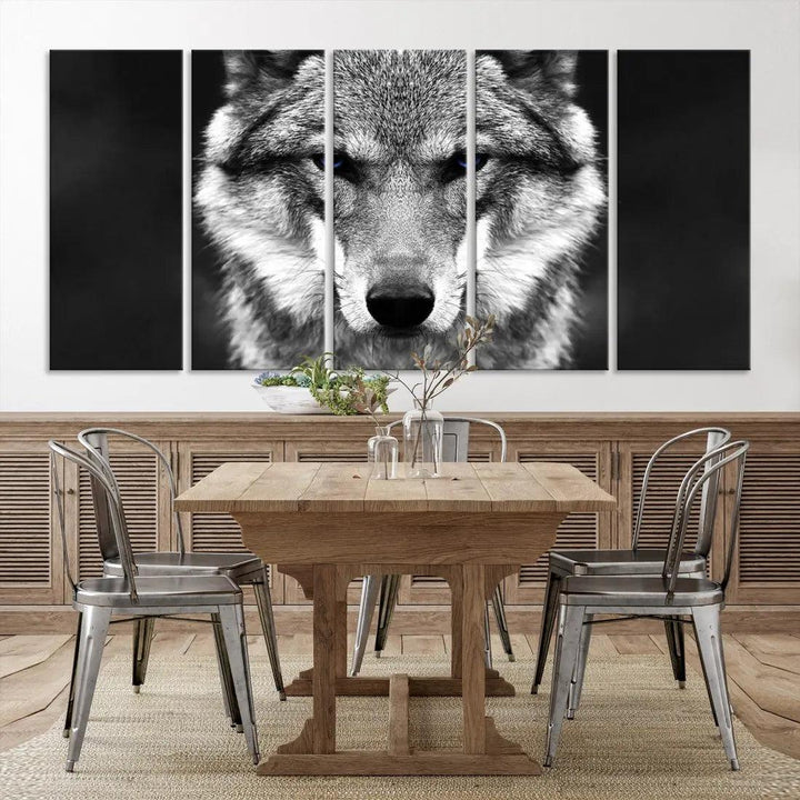 Black and White Wild Wolf Wall Art Animal Print on Original Cotton Canvas