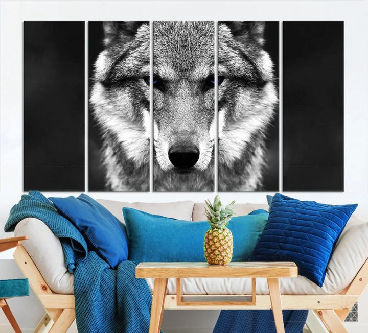 Black and White Wild Wolf Wall Art Animal Print on Original Cotton Canvas