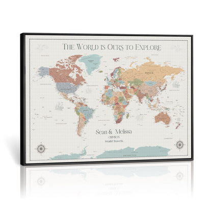 '-Custom Push Pin World Map Wall Canvas Print – Personalized Travel Tracker with Pins – Framed Large Multi-Size Canvas for Home Office Decor - H4