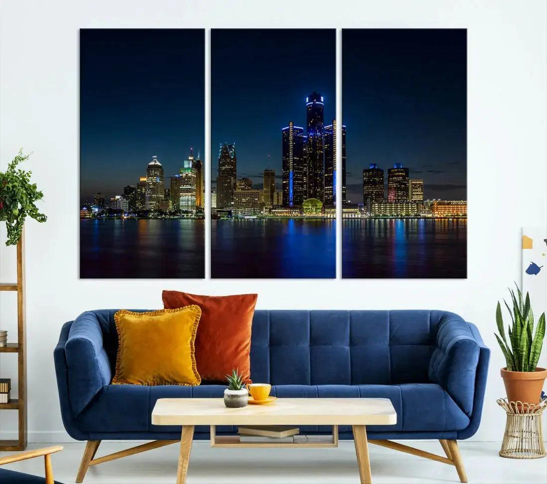 Blue Detroit Skyline Large Framed Wall Art Skyline Canvas Print