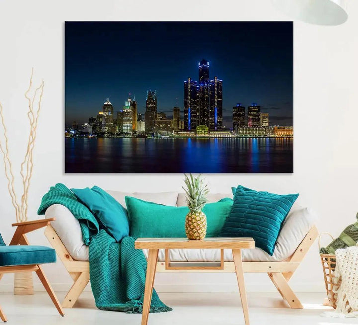 Blue Detroit Skyline Large Framed Wall Art Skyline Canvas Print