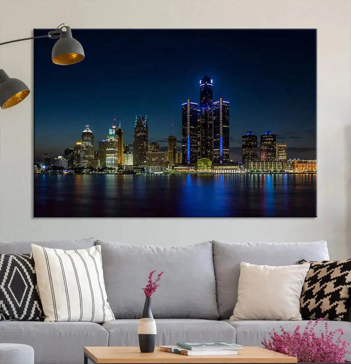 Blue Detroit Skyline Large Framed Wall Art Skyline Canvas Print