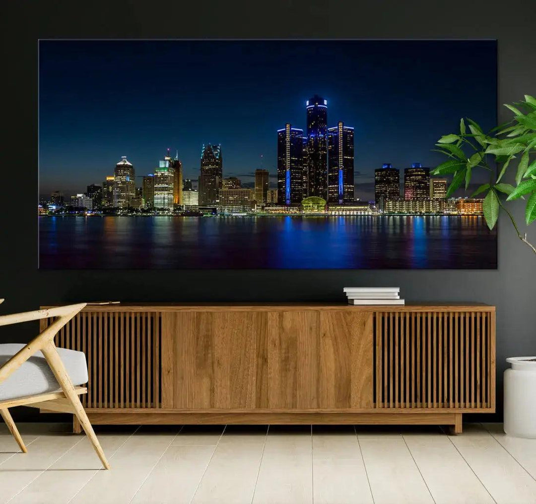 Blue Detroit Skyline Large Framed Wall Art Skyline Canvas Print