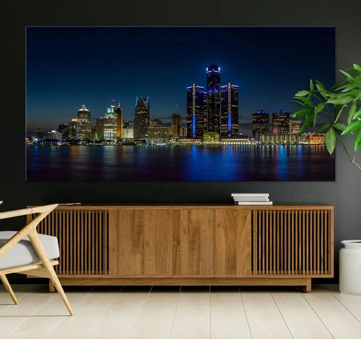 Blue Detroit Skyline Large Framed Wall Art Skyline Canvas Print