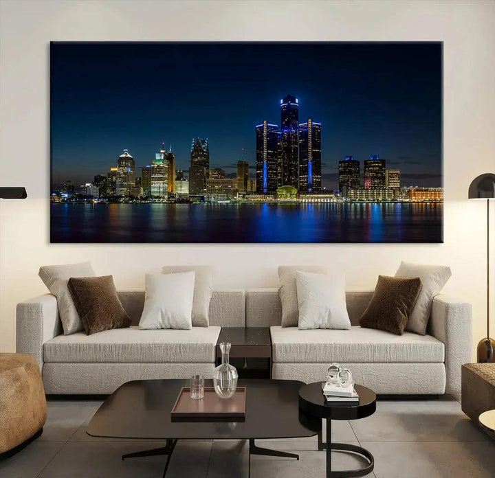 Blue Detroit Skyline Large Framed Wall Art Skyline Canvas Print