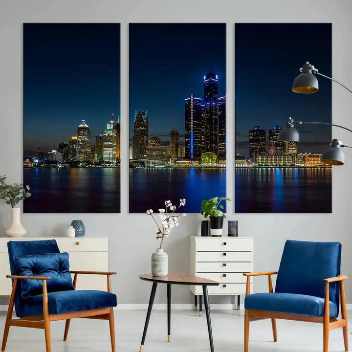 Blue Detroit Skyline Large Framed Wall Art Skyline Canvas Print