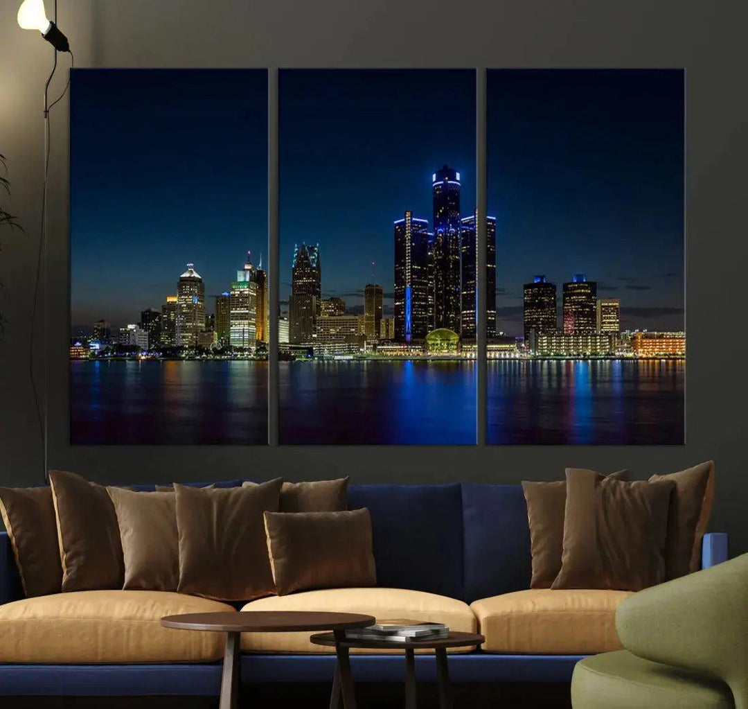 Blue Detroit Skyline Large Framed Wall Art Skyline Canvas Print