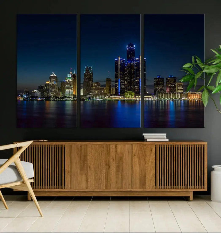 Blue Detroit Skyline Large Framed Wall Art Skyline Canvas Print