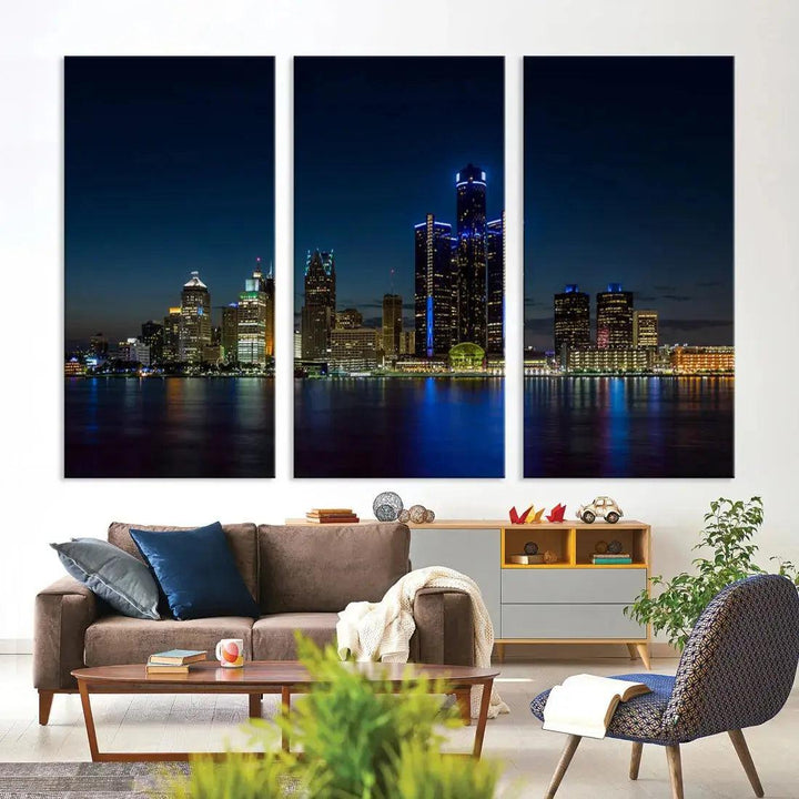 Blue Detroit Skyline Large Framed Wall Art Skyline Canvas Print