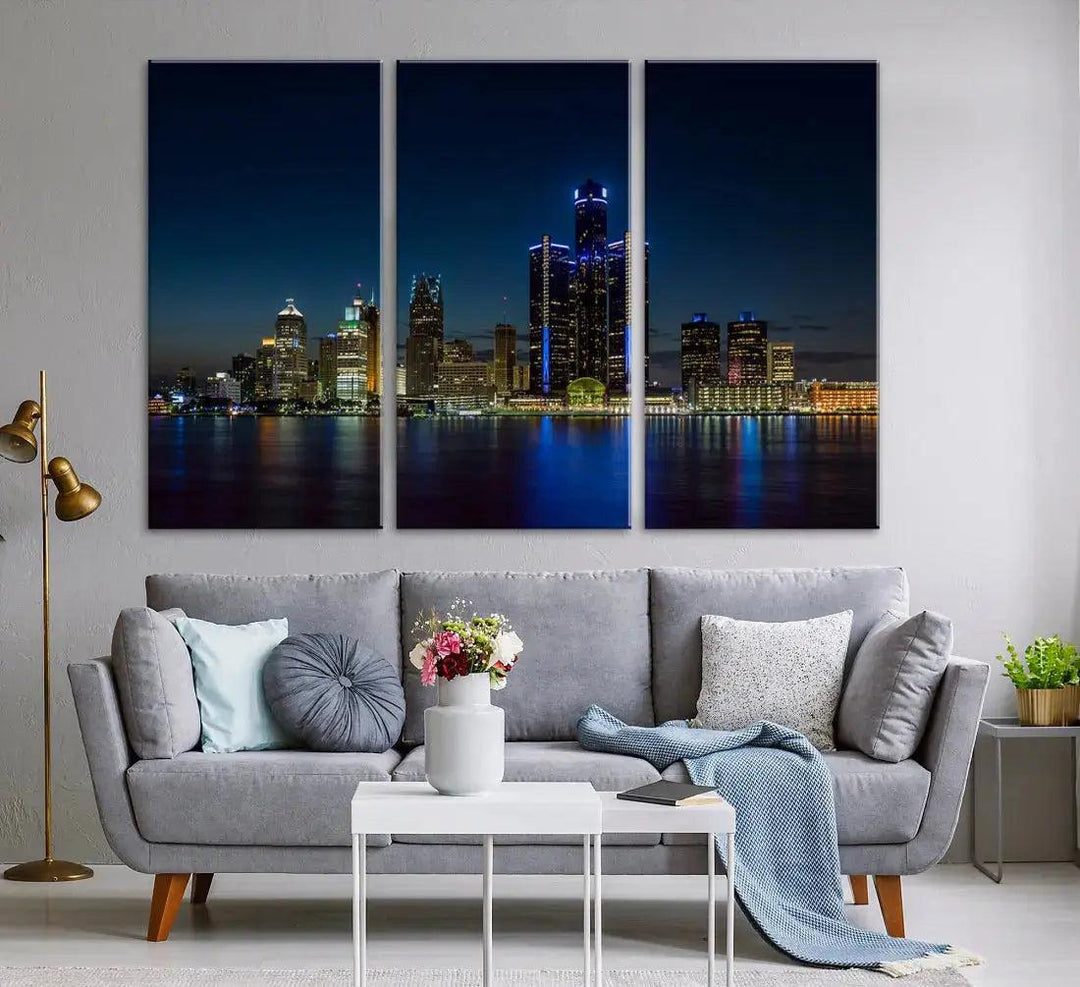 Blue Detroit Skyline Large Framed Wall Art Skyline Canvas Print