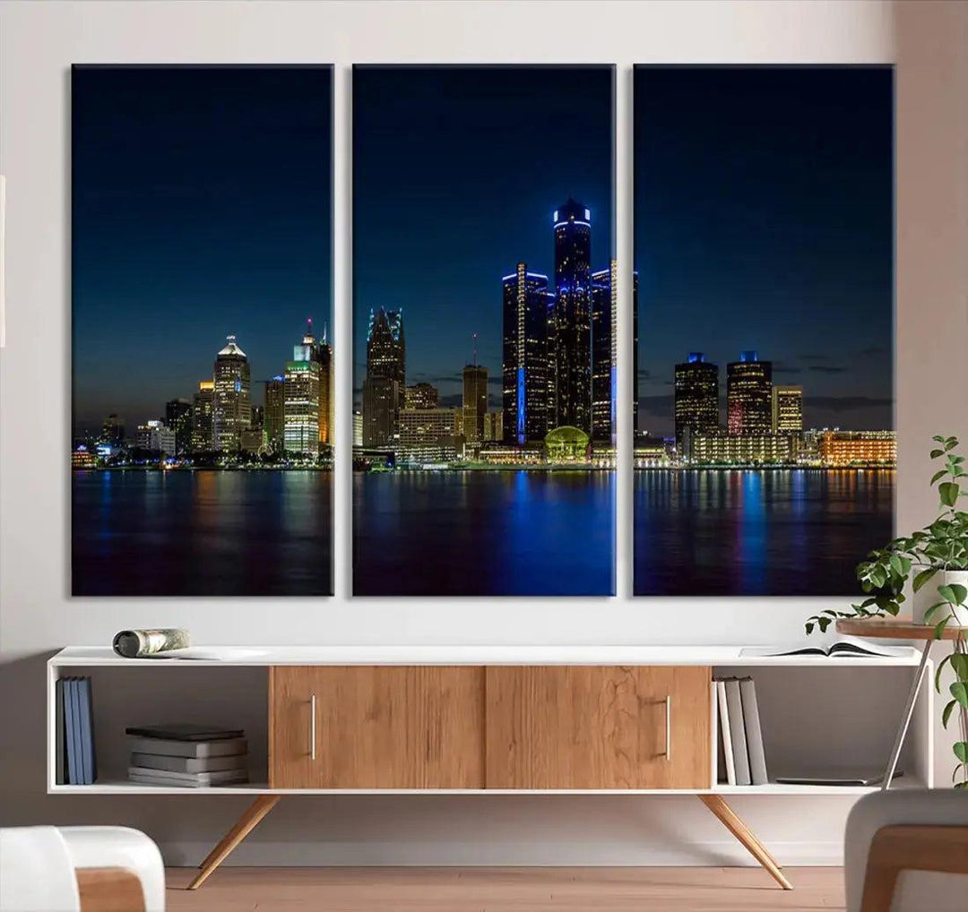 Blue Detroit Skyline Large Framed Wall Art Skyline Canvas Print