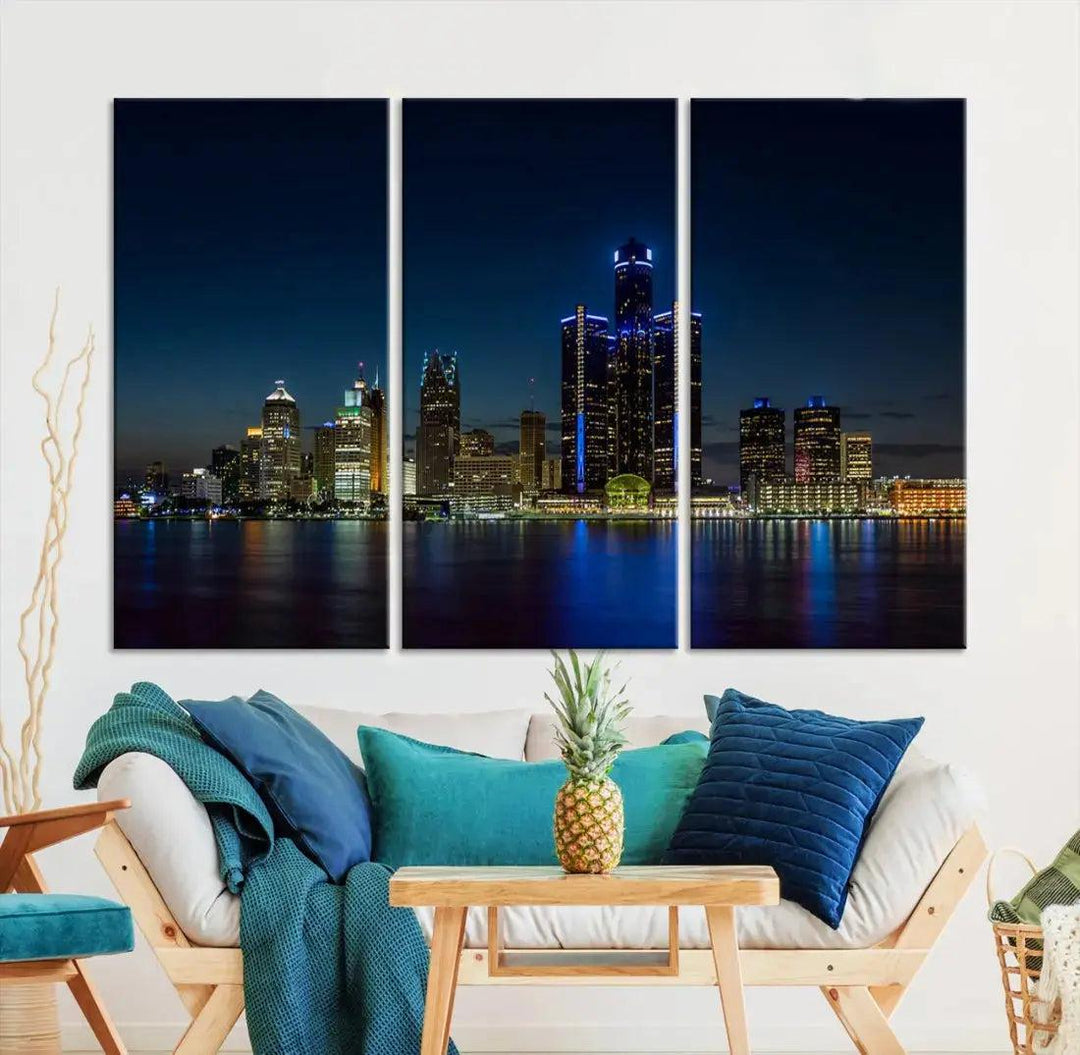 Blue Detroit Skyline Large Framed Wall Art Skyline Canvas Print