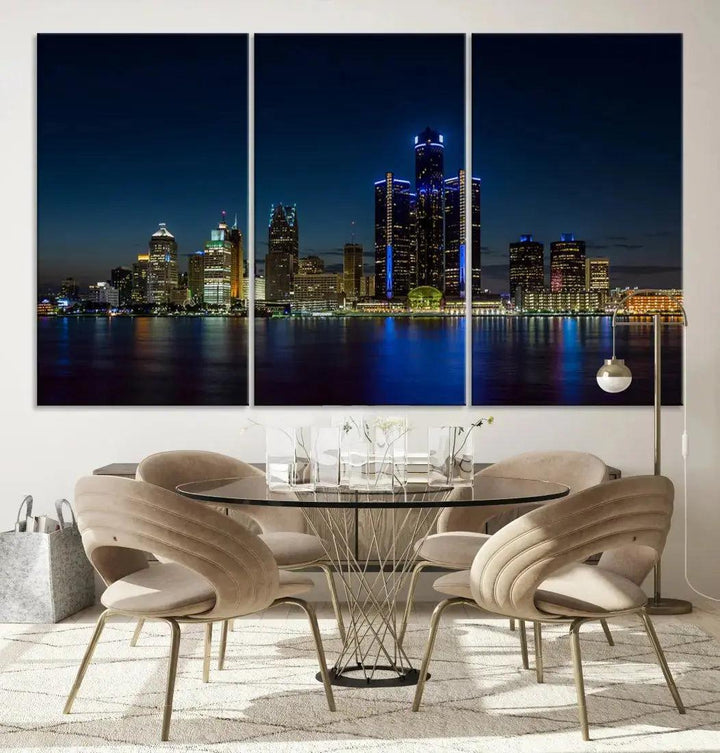 Blue Detroit Skyline Large Framed Wall Art Skyline Canvas Print