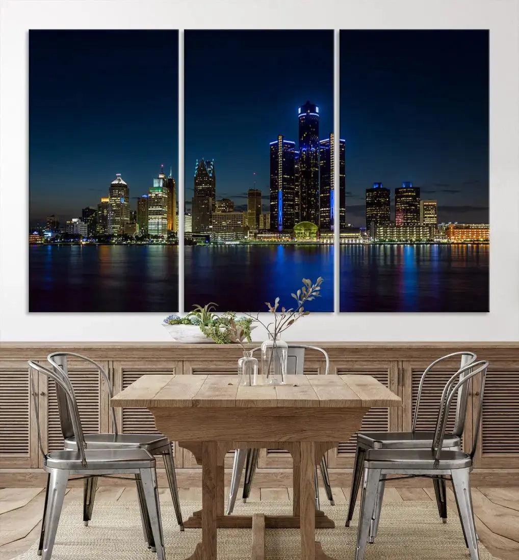 Blue Detroit Skyline Large Framed Wall Art Skyline Canvas Print