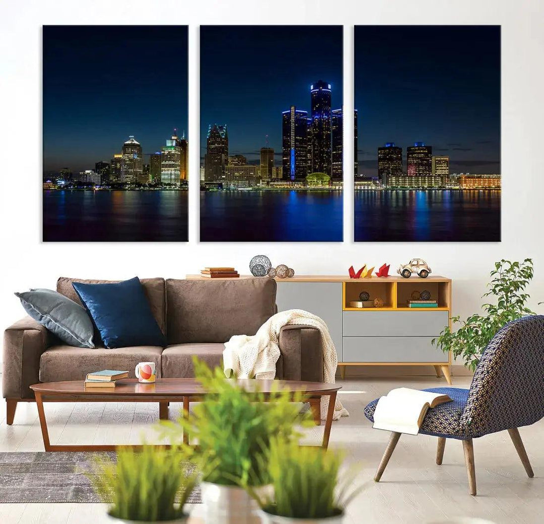 Blue Detroit Skyline Large Framed Wall Art Skyline Canvas Print