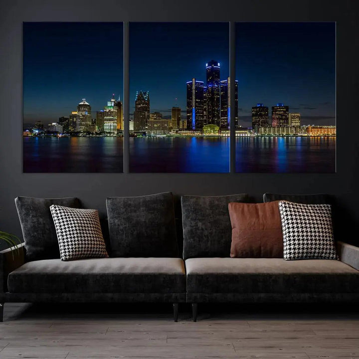 Blue Detroit Skyline Large Framed Wall Art Skyline Canvas Print