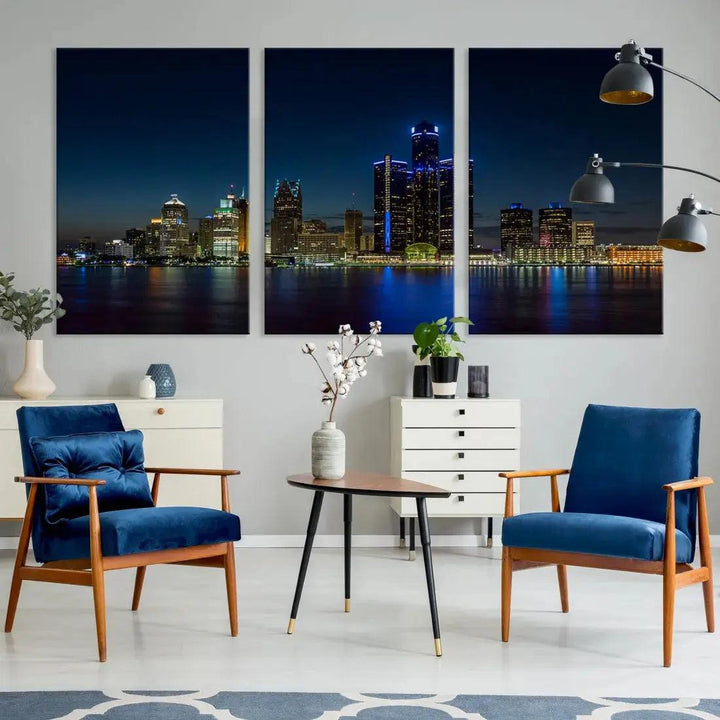 Blue Detroit Skyline Large Framed Wall Art Skyline Canvas Print