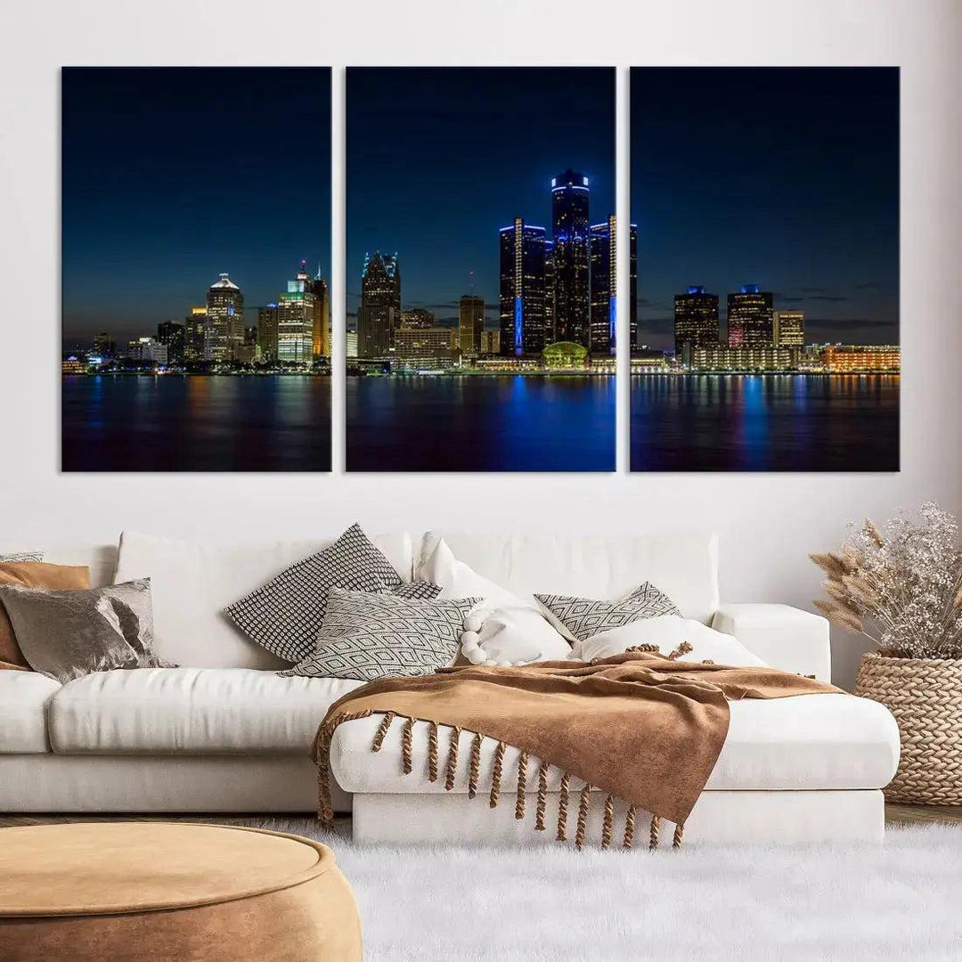 Blue Detroit Skyline Large Framed Wall Art Skyline Canvas Print