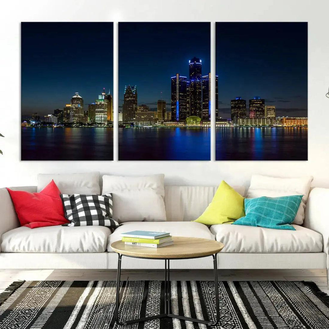 Blue Detroit Skyline Large Framed Wall Art Skyline Canvas Print