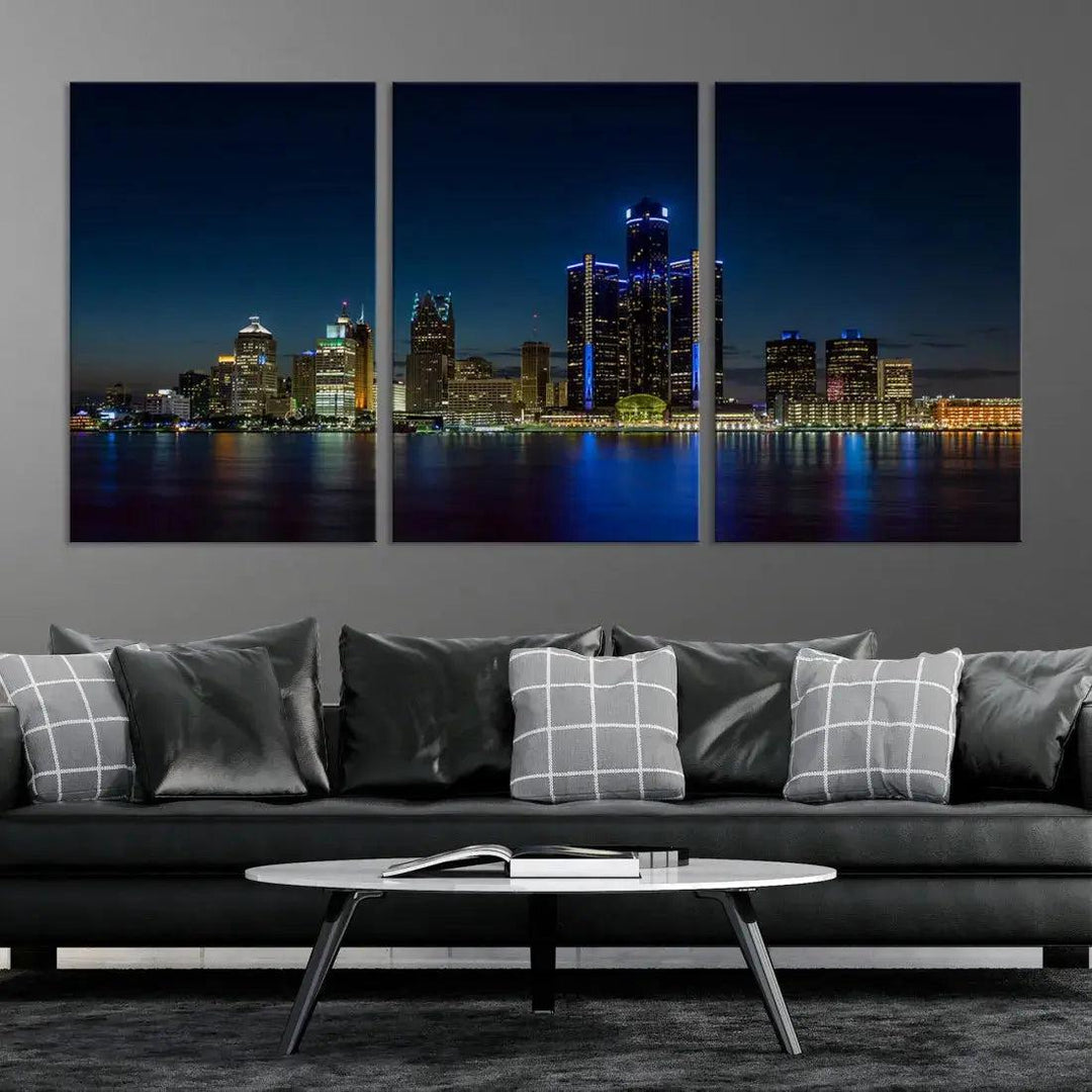 Blue Detroit Skyline Large Framed Wall Art Skyline Canvas Print