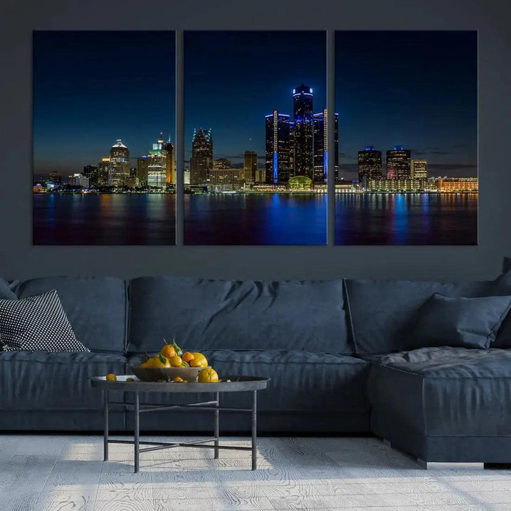 Blue Detroit Skyline Large Framed Wall Art Skyline Canvas Print