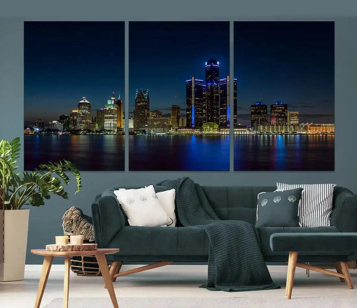 Blue Detroit Skyline Large Framed Wall Art Skyline Canvas Print