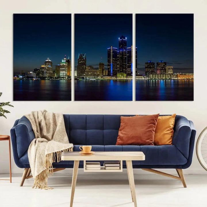 Blue Detroit Skyline Large Framed Wall Art Skyline Canvas Print