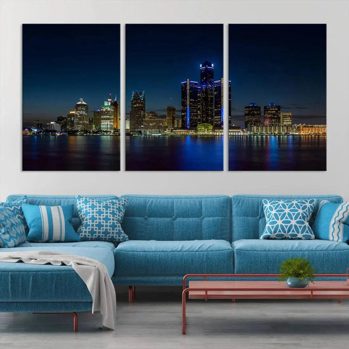 Blue Detroit Skyline Large Framed Wall Art Skyline Canvas Print