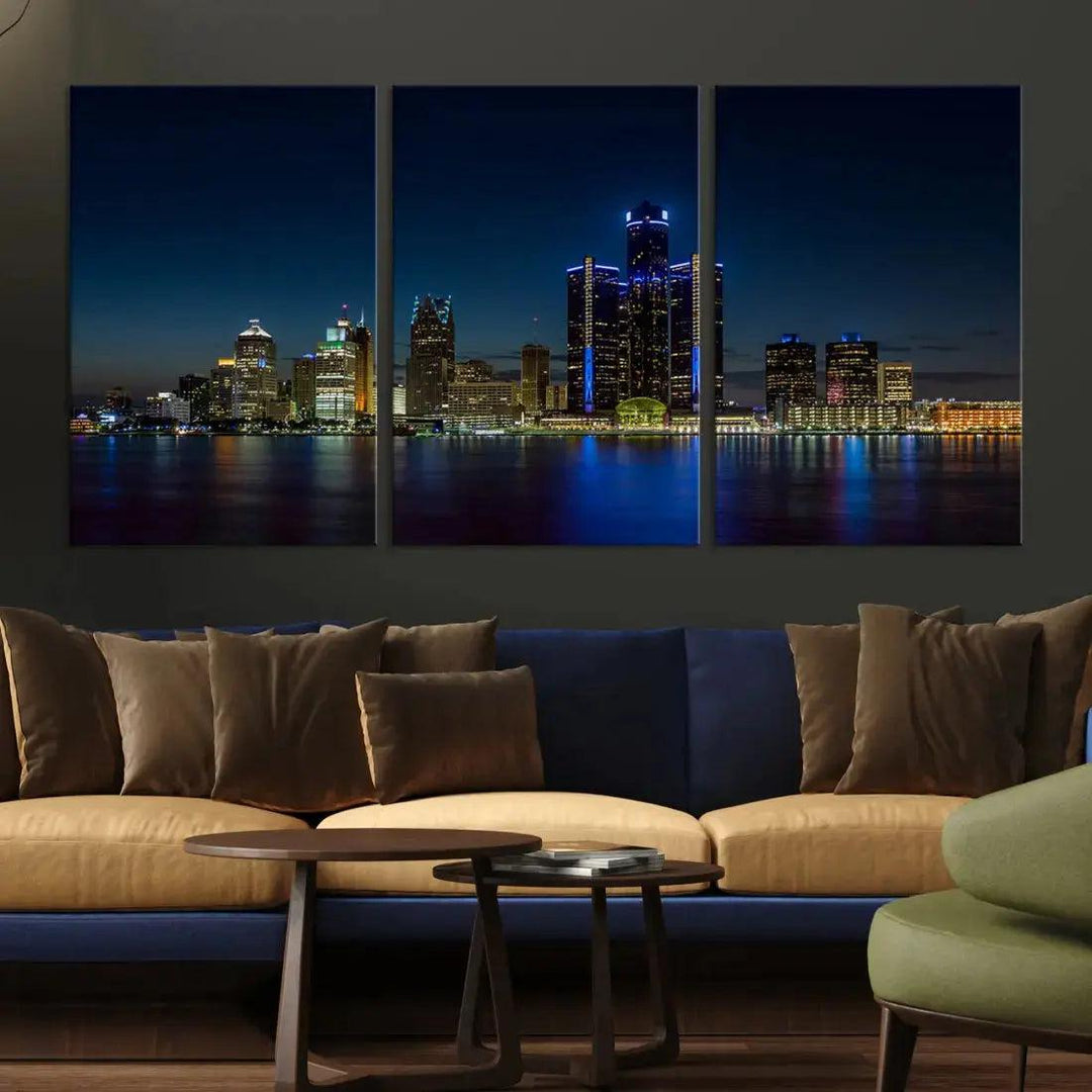 Blue Detroit Skyline Large Framed Wall Art Skyline Canvas Print