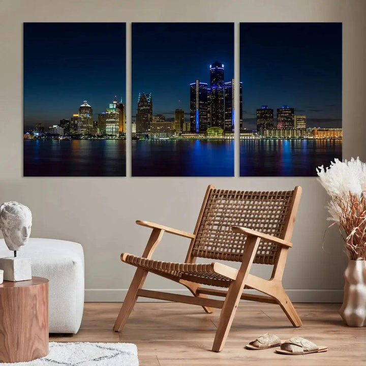 Blue Detroit Skyline Large Framed Wall Art Skyline Canvas Print