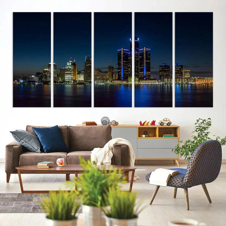 Blue Detroit Skyline Large Framed Wall Art Skyline Canvas Print