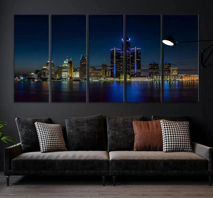 Blue Detroit Skyline Large Framed Wall Art Skyline Canvas Print