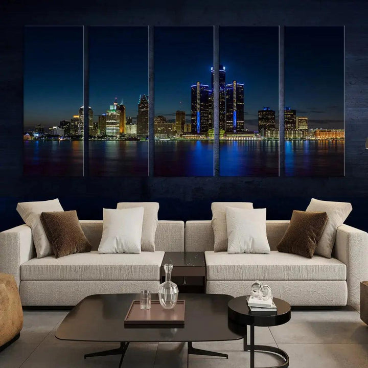 Blue Detroit Skyline Large Framed Wall Art Skyline Canvas Print