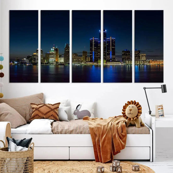 Blue Detroit Skyline Large Framed Wall Art Skyline Canvas Print