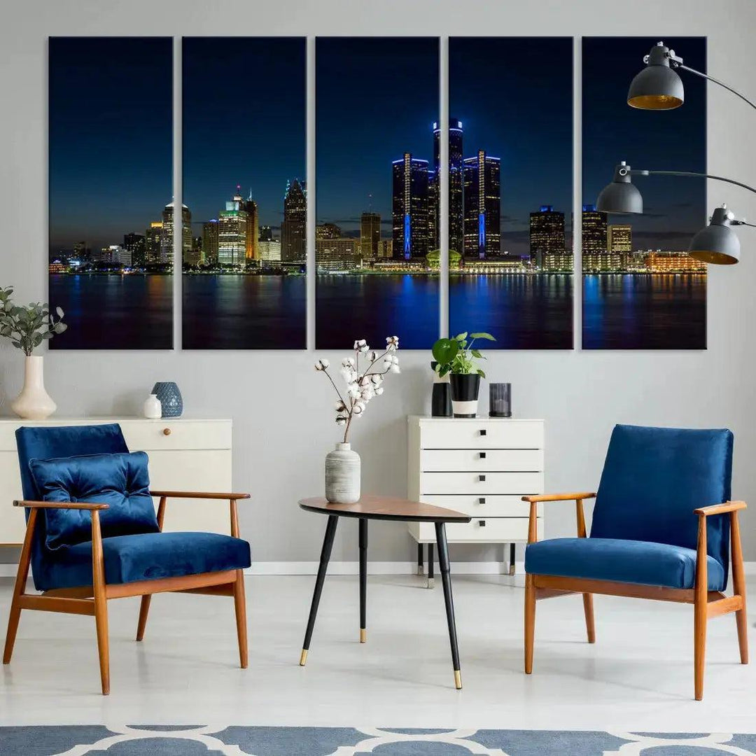 Blue Detroit Skyline Large Framed Wall Art Skyline Canvas Print