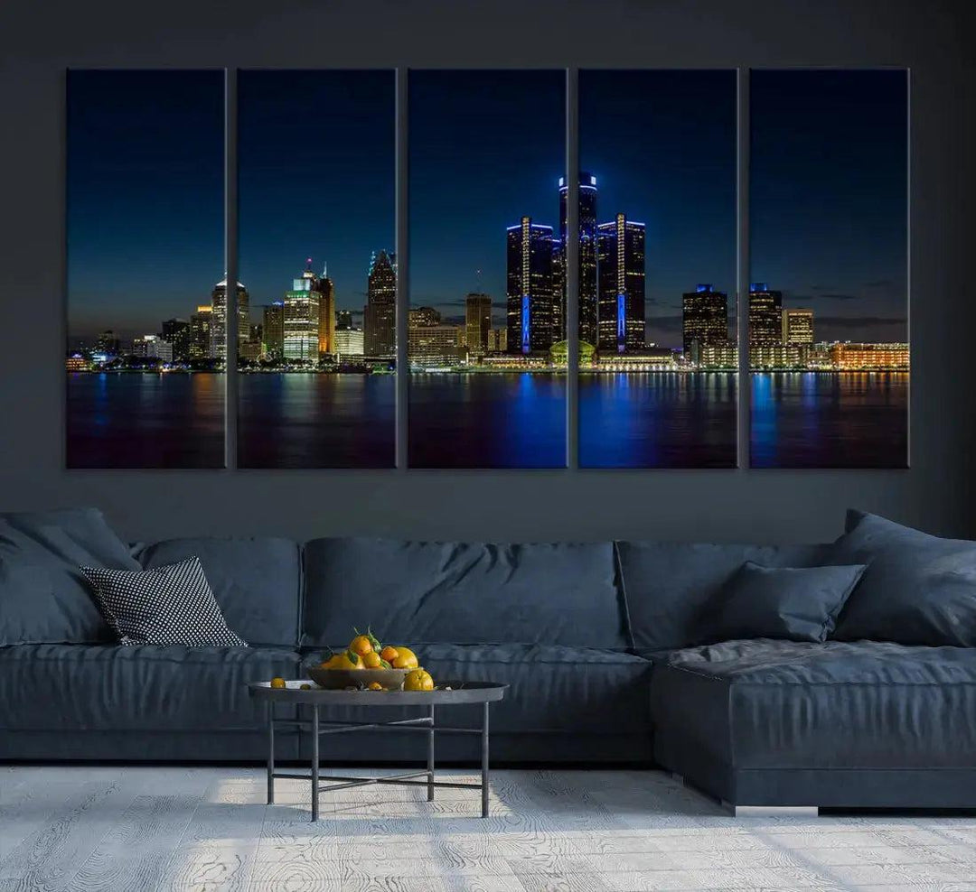 Blue Detroit Skyline Large Framed Wall Art Skyline Canvas Print