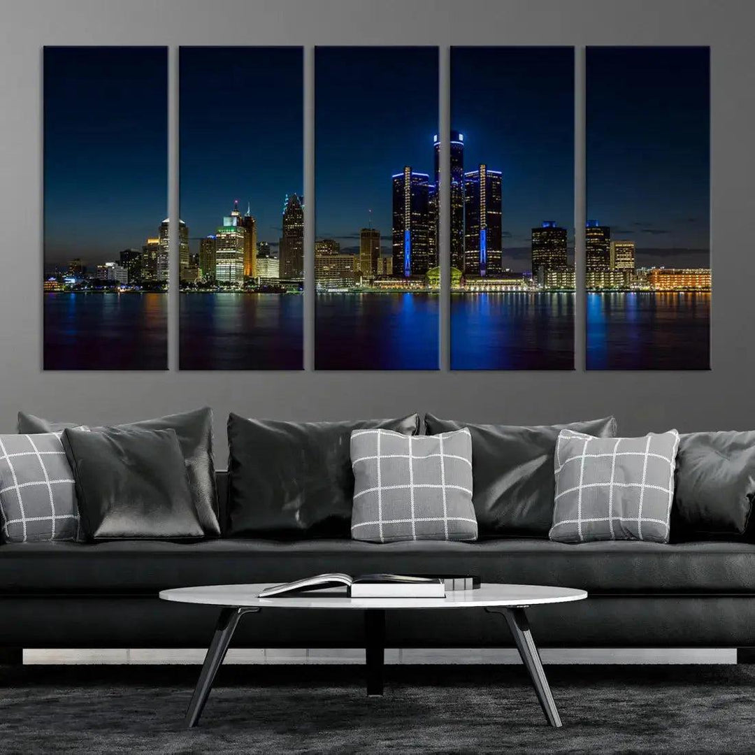 Blue Detroit Skyline Large Framed Wall Art Skyline Canvas Print