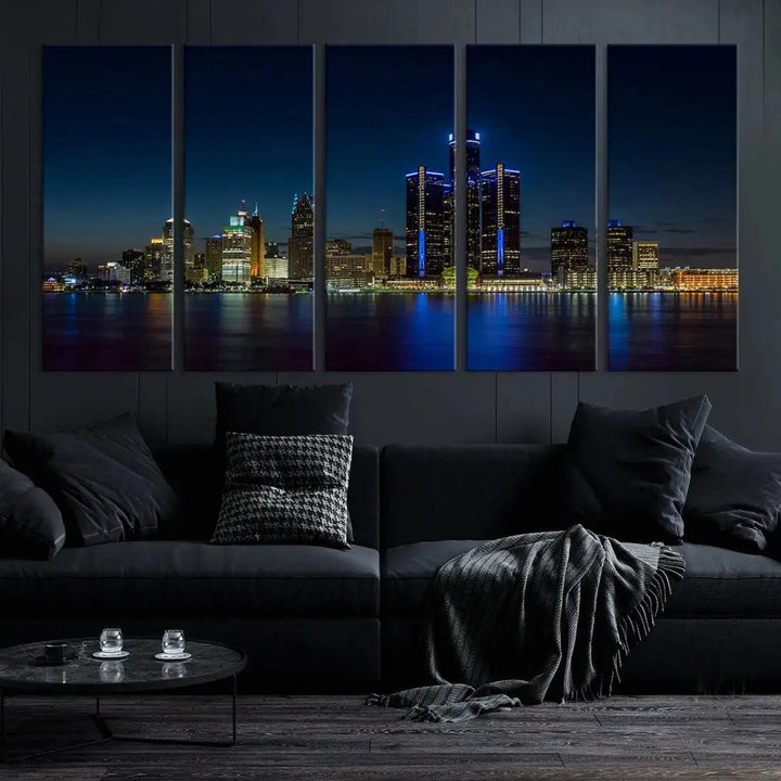 Blue Detroit Skyline Large Framed Wall Art Skyline Canvas Print