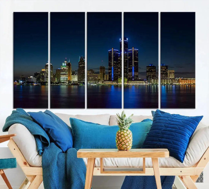 Blue Detroit Skyline Large Framed Wall Art Skyline Canvas Print