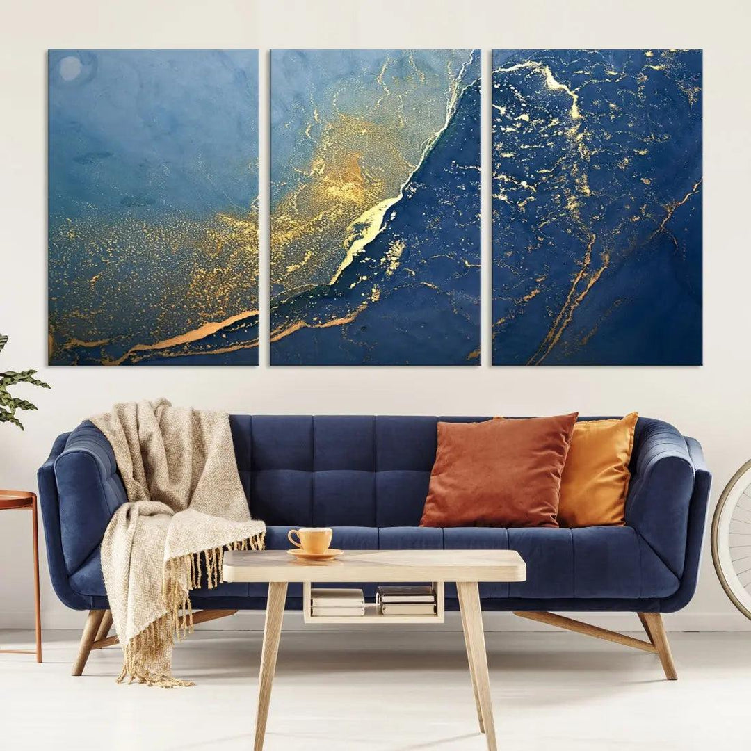 Blue Gold Abstract Wall Art Canvas Print Modern Marble Wall Decor